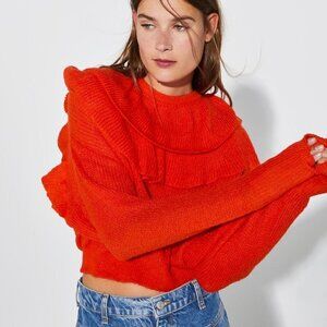 NWT ZARA RUFFLED CROPPED RED MED SWEATER